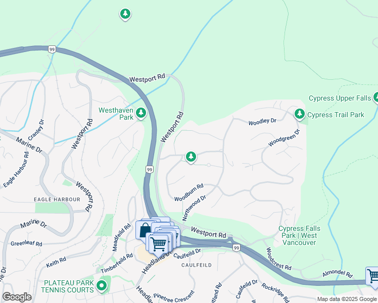 map of restaurants, bars, coffee shops, grocery stores, and more near 4765 Westwood Drive in West Vancouver