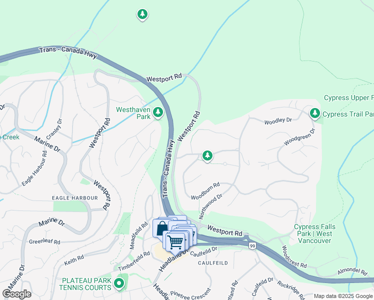 map of restaurants, bars, coffee shops, grocery stores, and more near 4795 Westwood Drive in West Vancouver