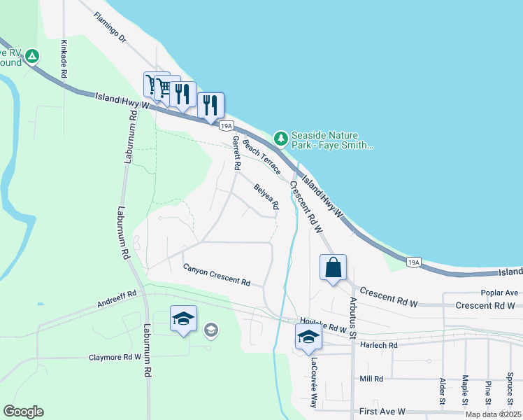 map of restaurants, bars, coffee shops, grocery stores, and more near 589 Belyea Road in Qualicum Beach