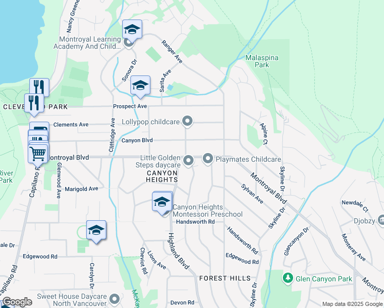 map of restaurants, bars, coffee shops, grocery stores, and more near 888 Montroyal Boulevard in North Vancouver