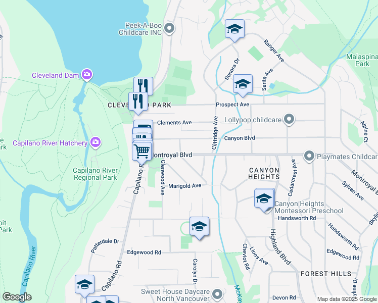map of restaurants, bars, coffee shops, grocery stores, and more near 1052 Montroyal Boulevard in North Vancouver