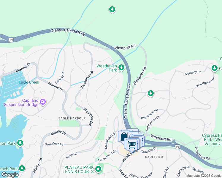 map of restaurants, bars, coffee shops, grocery stores, and more near 5420 Westhaven Wynd in West Vancouver