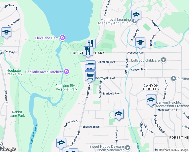 map of restaurants, bars, coffee shops, grocery stores, and more near 1134 Montroyal Boulevard in North Vancouver