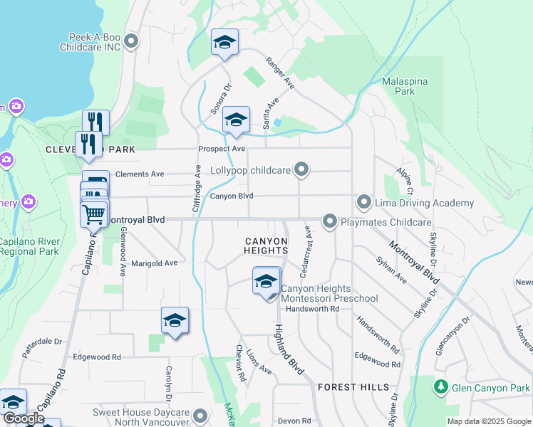 map of restaurants, bars, coffee shops, grocery stores, and more near 946 Montroyal Boulevard in North Vancouver