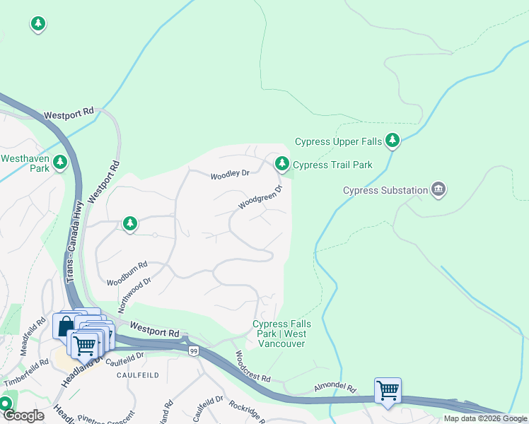 map of restaurants, bars, coffee shops, grocery stores, and more near Woodvalley Place in West Vancouver