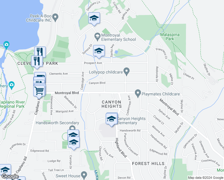map of restaurants, bars, coffee shops, grocery stores, and more near 946 Montroyal Boulevard in North Vancouver