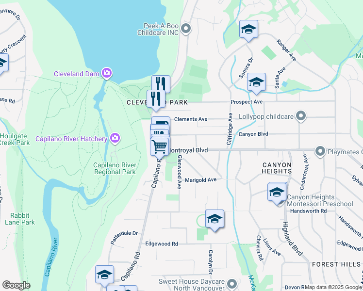 map of restaurants, bars, coffee shops, grocery stores, and more near 1098 Montroyal Boulevard in North Vancouver