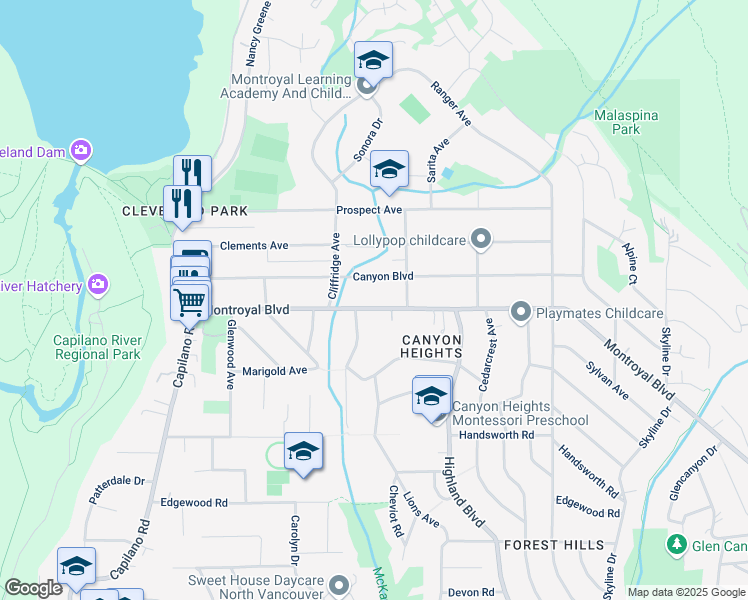 map of restaurants, bars, coffee shops, grocery stores, and more near 980 Montroyal Boulevard in North Vancouver