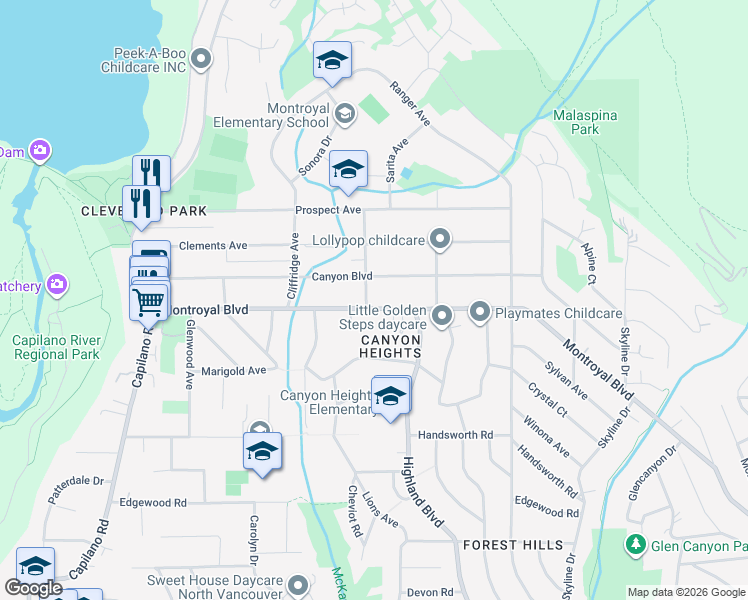 map of restaurants, bars, coffee shops, grocery stores, and more near 964 Montroyal Boulevard in North Vancouver