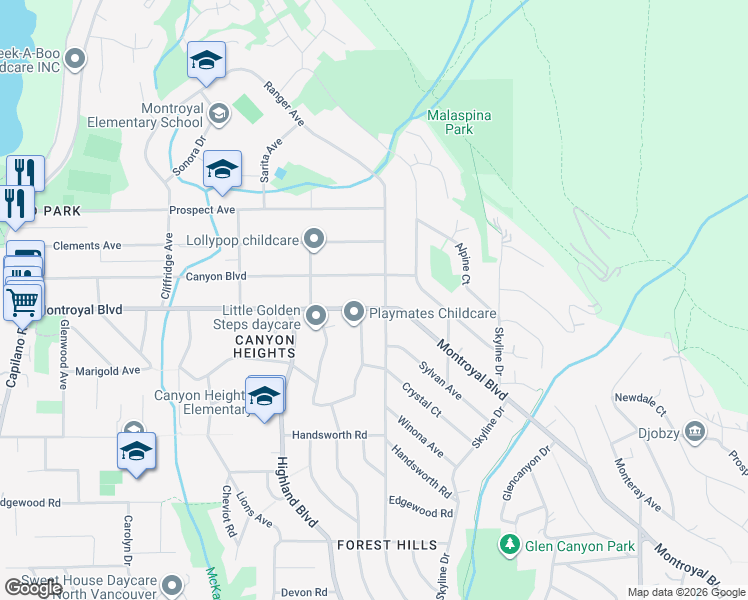 map of restaurants, bars, coffee shops, grocery stores, and more near 812 Montroyal Boulevard in North Vancouver