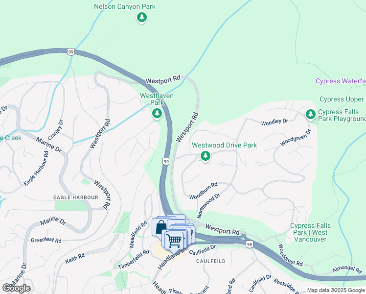 map of restaurants, bars, coffee shops, grocery stores, and more near 4791 Westwood Place in West Vancouver