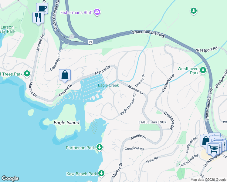 map of restaurants, bars, coffee shops, grocery stores, and more near 5757 Telegraph Trail in West Vancouver