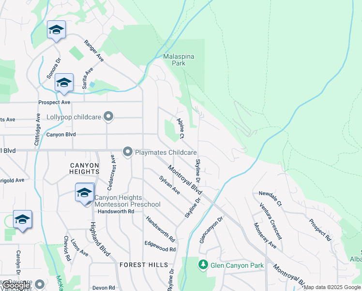 map of restaurants, bars, coffee shops, grocery stores, and more near 651 Alpine Court in North Vancouver
