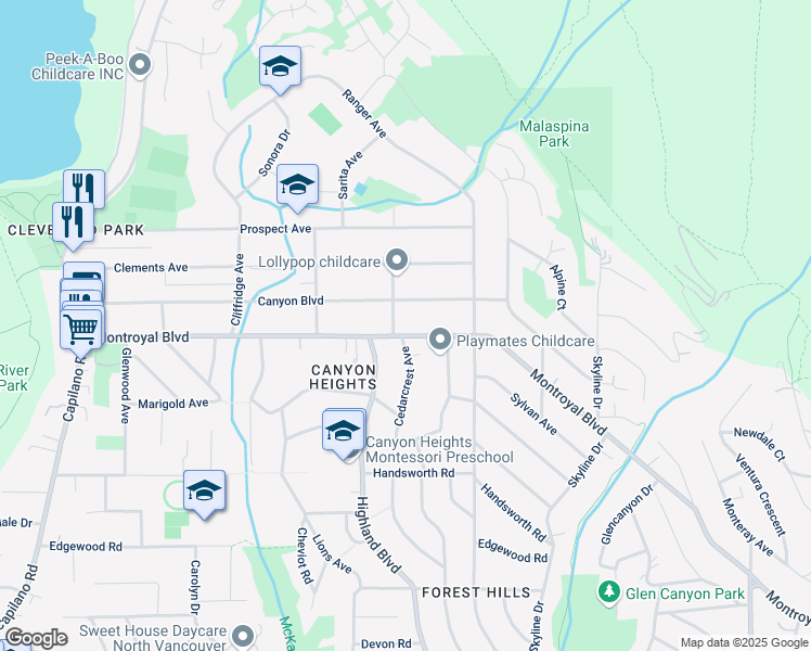 map of restaurants, bars, coffee shops, grocery stores, and more near 888 Montroyal Boulevard in North Vancouver
