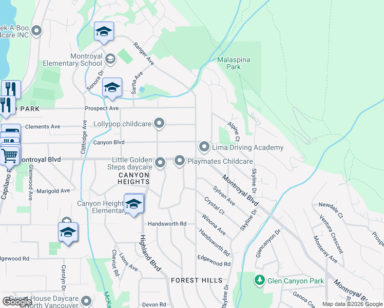 map of restaurants, bars, coffee shops, grocery stores, and more near 806 Montroyal Boulevard in North Vancouver