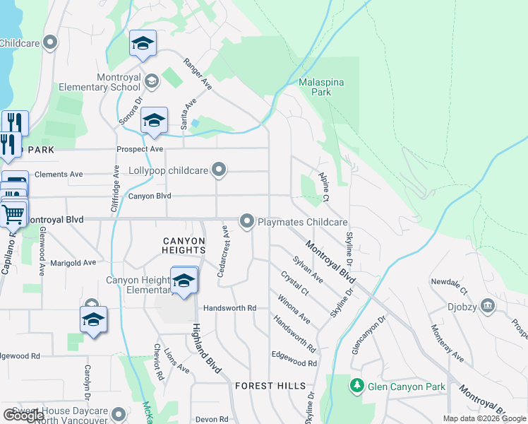 map of restaurants, bars, coffee shops, grocery stores, and more near 806 Montroyal Boulevard in North Vancouver