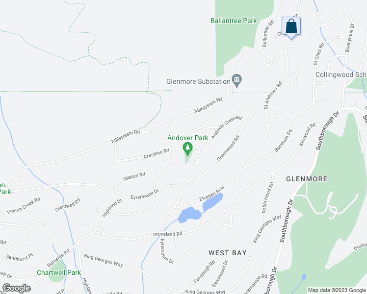 map of restaurants, bars, coffee shops, grocery stores, and more near Crestline Road in West Vancouver