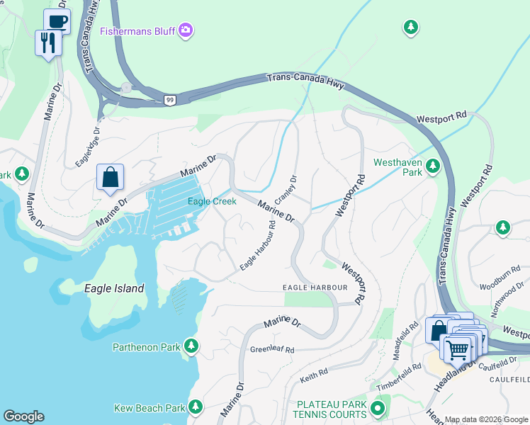 map of restaurants, bars, coffee shops, grocery stores, and more near 5607 Eagle Harbour Road in West Vancouver