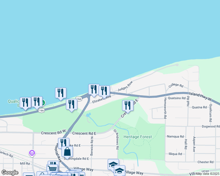 map of restaurants, bars, coffee shops, grocery stores, and more near 247 Judges Row in Qualicum Beach