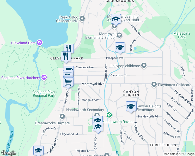 map of restaurants, bars, coffee shops, grocery stores, and more near 1039 Canyon Boulevard in North Vancouver
