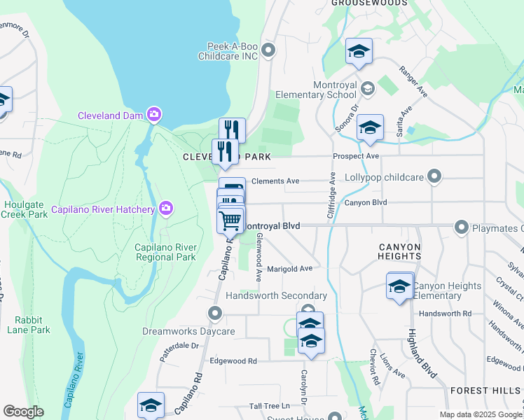 map of restaurants, bars, coffee shops, grocery stores, and more near 1101 Canyon Boulevard in North Vancouver