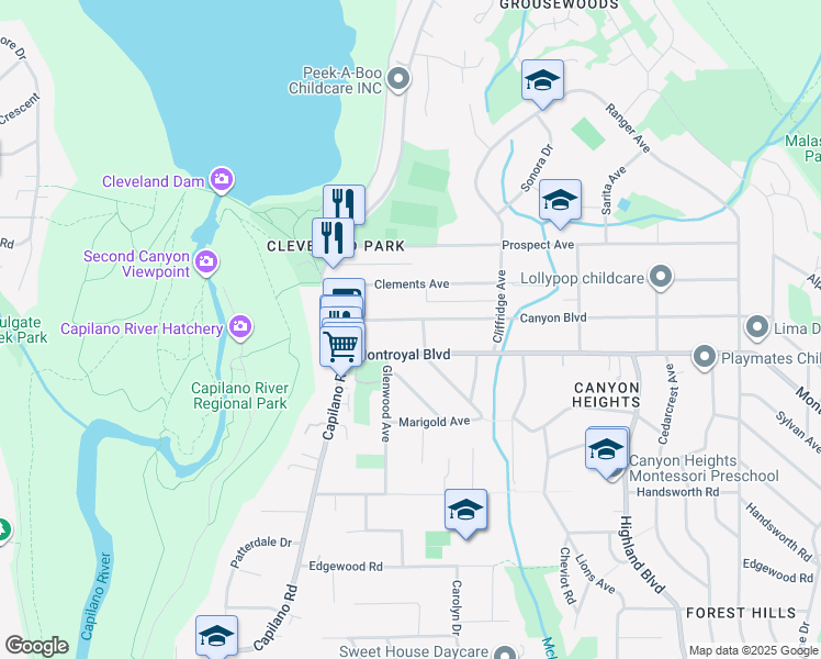 map of restaurants, bars, coffee shops, grocery stores, and more near 1079 Canyon Boulevard in North Vancouver