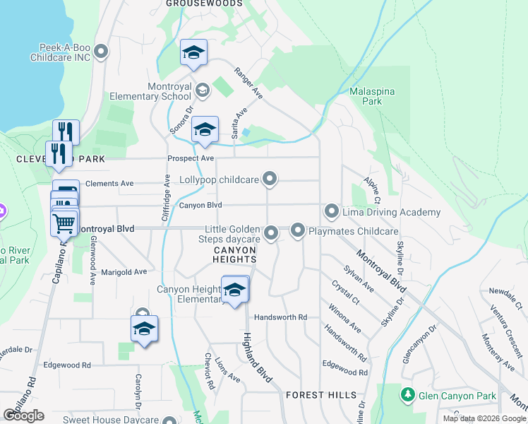 map of restaurants, bars, coffee shops, grocery stores, and more near 4877 Cedarcrest Avenue in North Vancouver