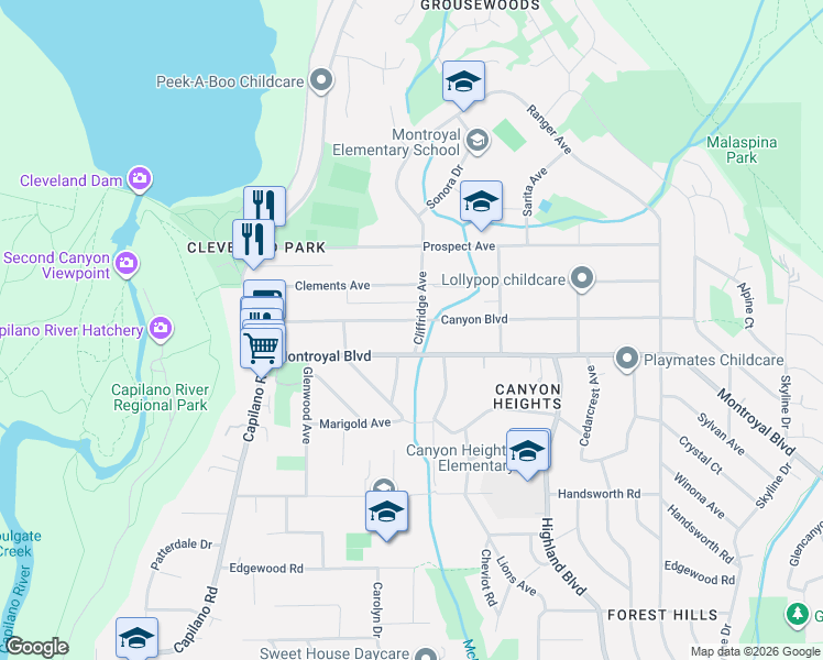 map of restaurants, bars, coffee shops, grocery stores, and more near 1017 Canyon Boulevard in North Vancouver
