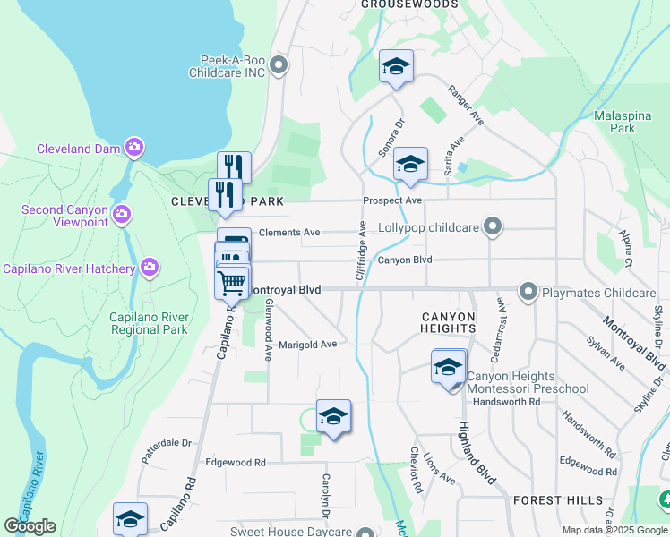 map of restaurants, bars, coffee shops, grocery stores, and more near 1035 Canyon Boulevard in North Vancouver