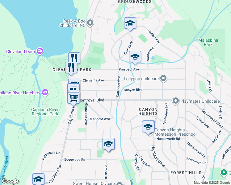 map of restaurants, bars, coffee shops, grocery stores, and more near 1017 Canyon Boulevard in North Vancouver