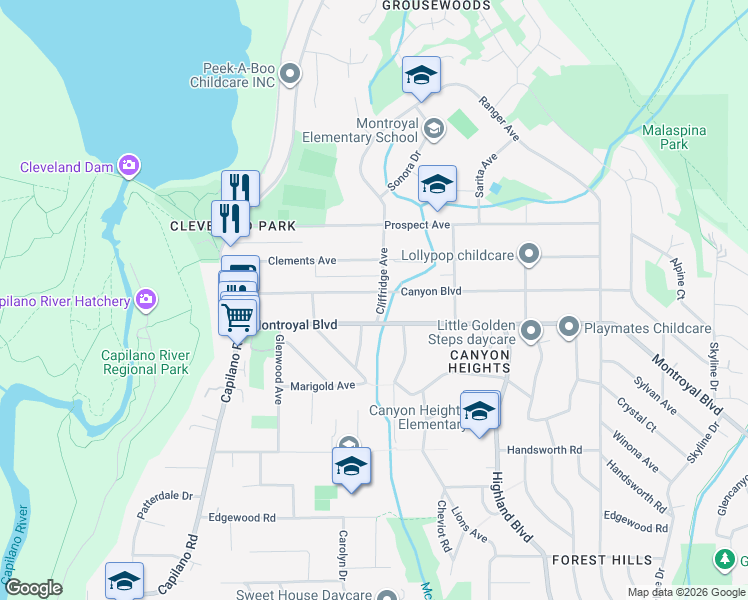 map of restaurants, bars, coffee shops, grocery stores, and more near 1017 Canyon Boulevard in North Vancouver