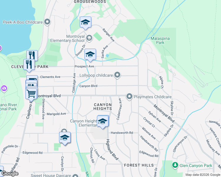 map of restaurants, bars, coffee shops, grocery stores, and more near 929 Canyon Boulevard in North Vancouver