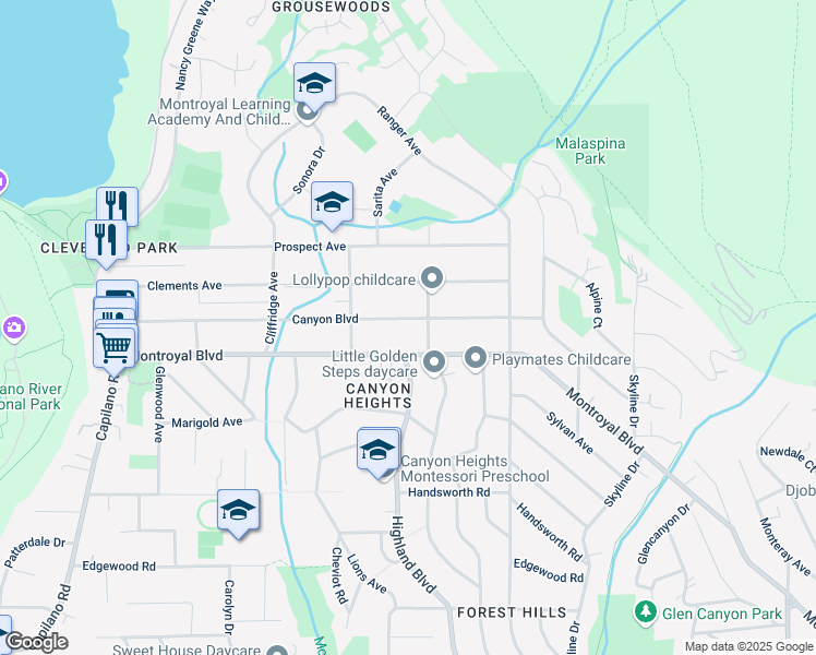 map of restaurants, bars, coffee shops, grocery stores, and more near 929 Canyon Boulevard in North Vancouver