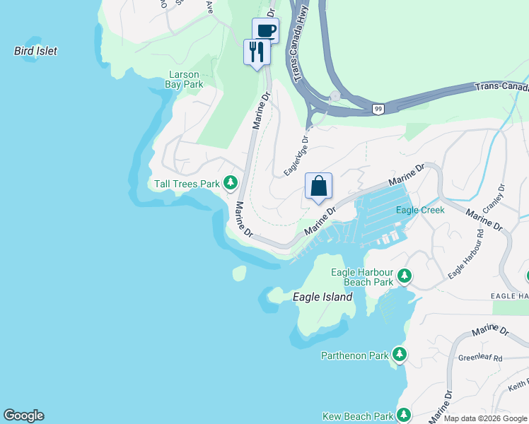 map of restaurants, bars, coffee shops, grocery stores, and more near 5970 Condor Place in West Vancouver