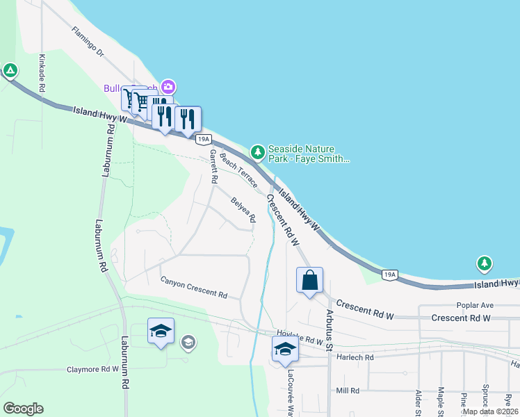 map of restaurants, bars, coffee shops, grocery stores, and more near 623 Belyea Road in Qualicum Beach