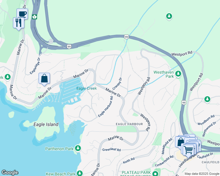 map of restaurants, bars, coffee shops, grocery stores, and more near 5705 Cranley Drive in West Vancouver