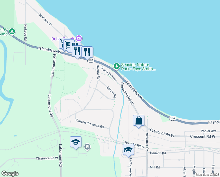 map of restaurants, bars, coffee shops, grocery stores, and more near 589 Belyea Road in Qualicum Beach