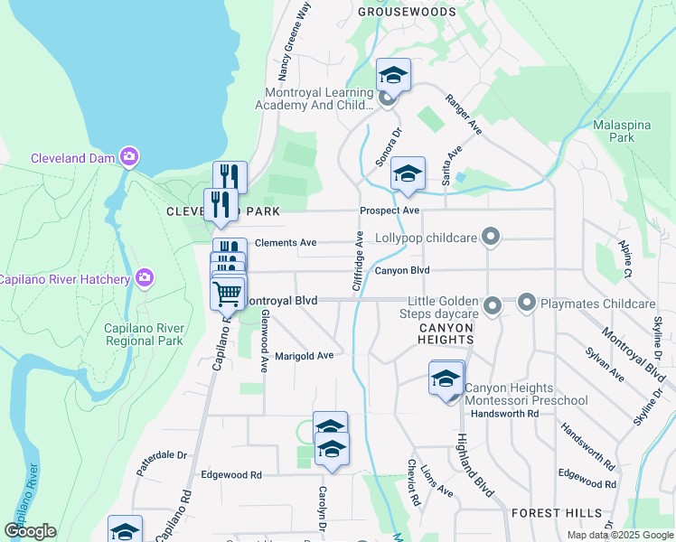 map of restaurants, bars, coffee shops, grocery stores, and more near 1039 Canyon Boulevard in North Vancouver