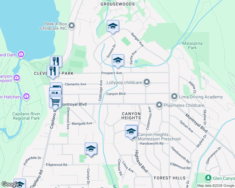 map of restaurants, bars, coffee shops, grocery stores, and more near Canyon Boulevard in North Vancouver