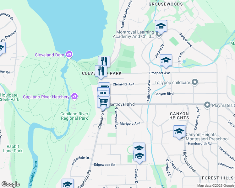 map of restaurants, bars, coffee shops, grocery stores, and more near 1098 Canyon Boulevard in North Vancouver