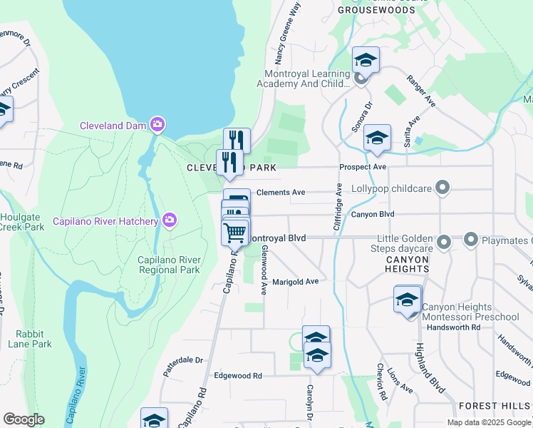 map of restaurants, bars, coffee shops, grocery stores, and more near 1100 Canyon Boulevard in North Vancouver