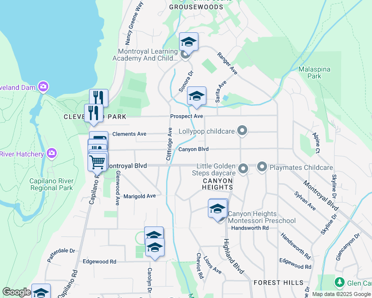 map of restaurants, bars, coffee shops, grocery stores, and more near 990 Canyon Boulevard in North Vancouver