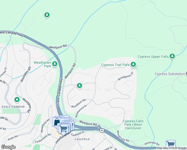 map of restaurants, bars, coffee shops, grocery stores, and more near 4809 Northwood Place in West Vancouver