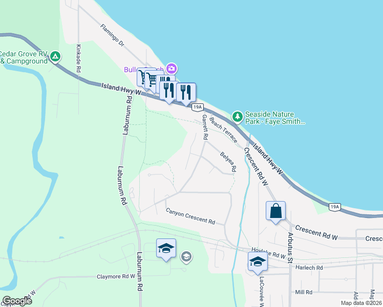 map of restaurants, bars, coffee shops, grocery stores, and more near Park Ridge Place in Qualicum Beach