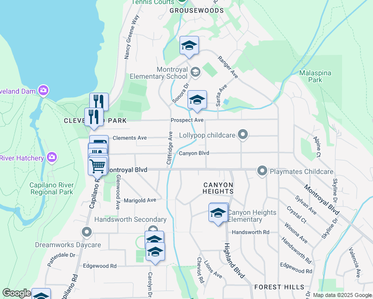 map of restaurants, bars, coffee shops, grocery stores, and more near 990 Canyon Boulevard in North Vancouver
