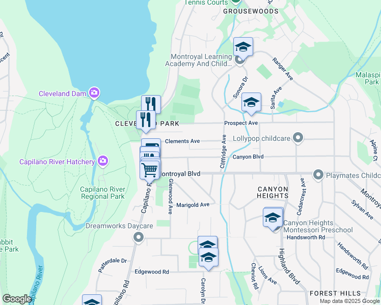 map of restaurants, bars, coffee shops, grocery stores, and more near 1068 Canyon Boulevard in North Vancouver