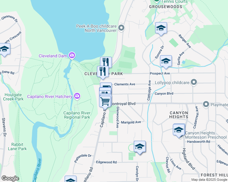 map of restaurants, bars, coffee shops, grocery stores, and more near 1138 Canyon Boulevard in North Vancouver