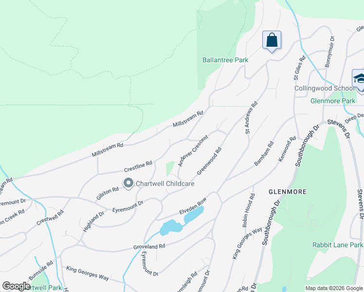 map of restaurants, bars, coffee shops, grocery stores, and more near 1040 Crestline Road in West Vancouver