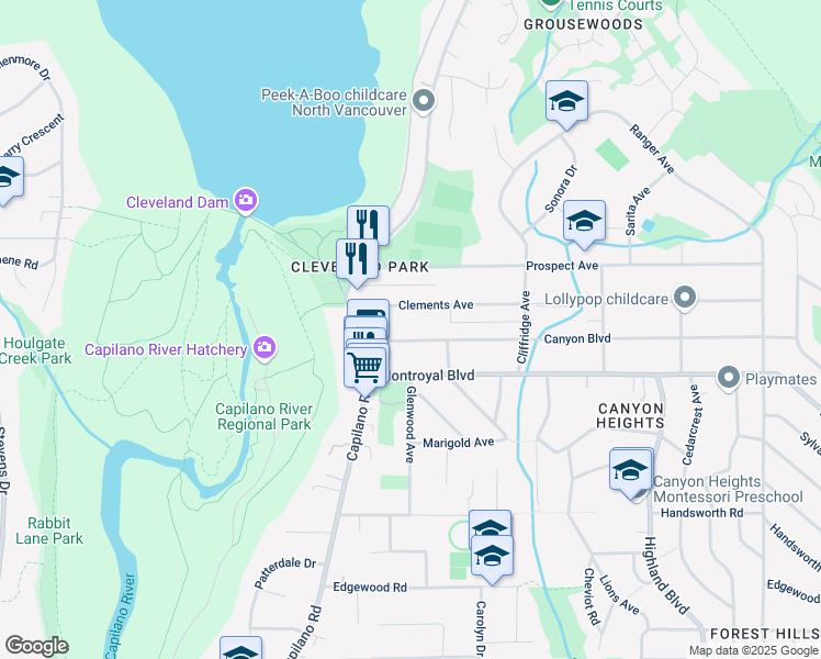 map of restaurants, bars, coffee shops, grocery stores, and more near 1138 Canyon Boulevard in North Vancouver