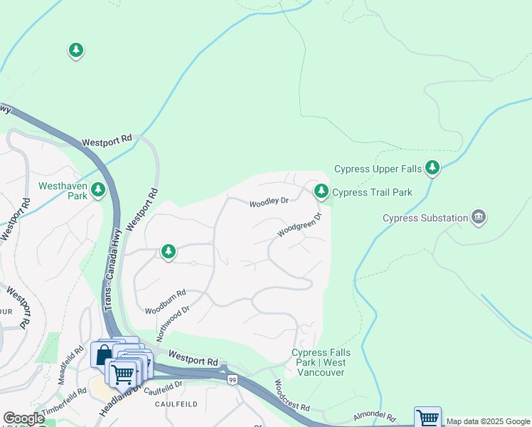 map of restaurants, bars, coffee shops, grocery stores, and more near 4725 Woodside Place in West Vancouver
